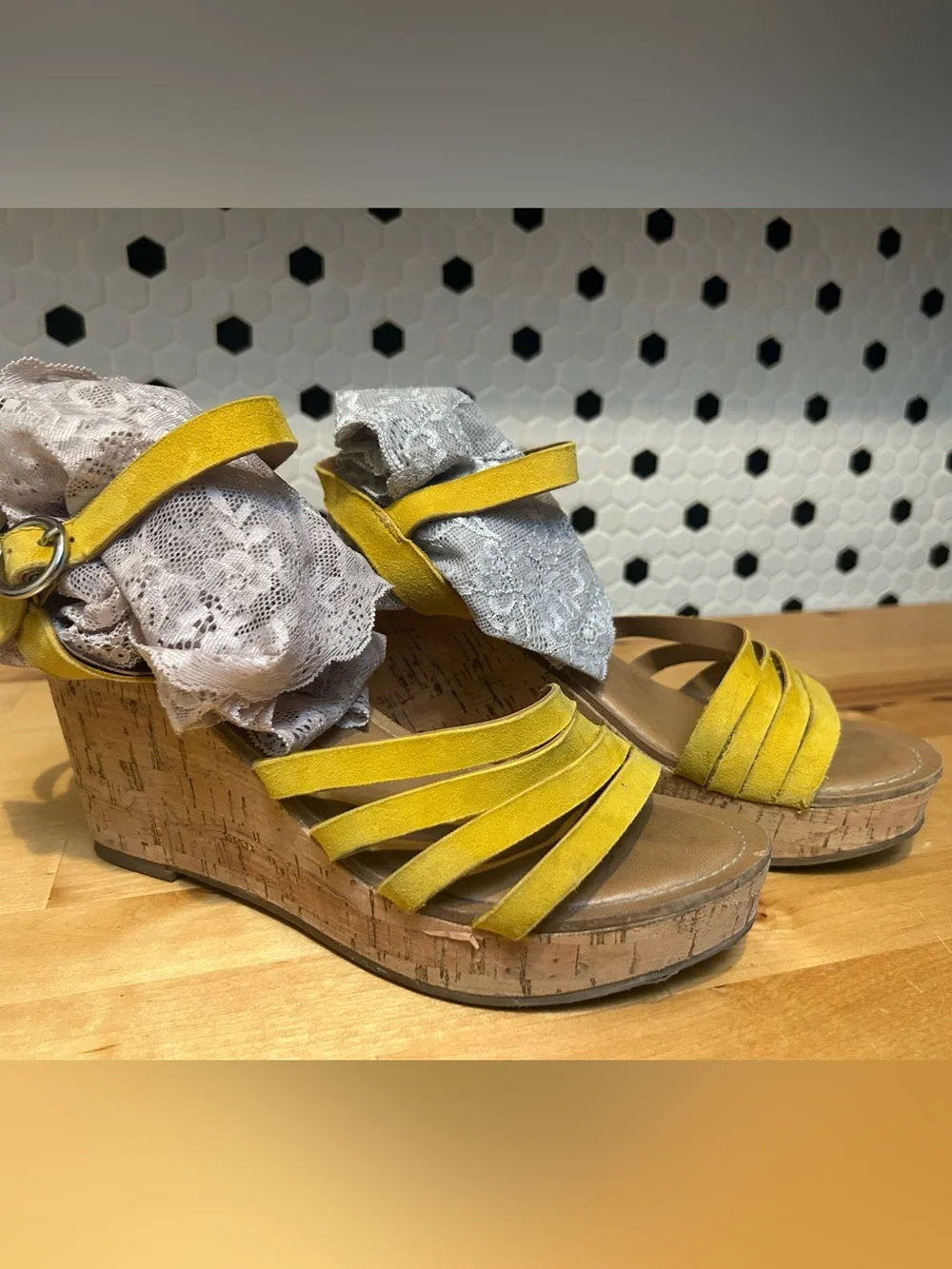 Franco Sarto Yellow Suede Cork Wedge Sandal